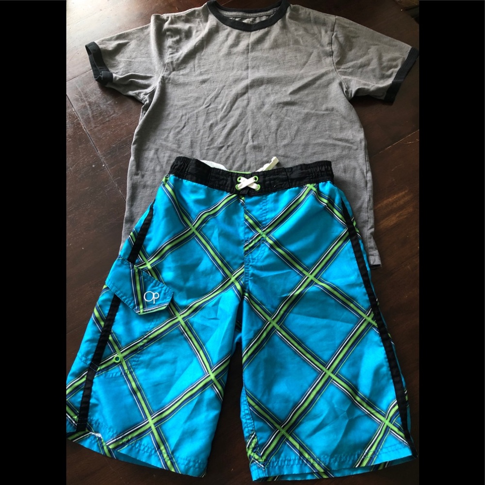 Boys Grey Shirt & Blue Swim Shorts Set